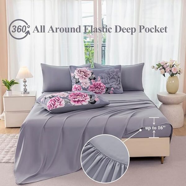 Queen Size Peony Bed in A Bag 7-Piece Gray Floral Comforter Sets Soft Lightweght Botanical Pattern Bedding Set for All SeasonQueen Size Peony Bed in A Bag 7-Piece Gray Floral Comforter Sets Soft Lightweght Botanical Pattern Bedding Set for All Season - Image 4