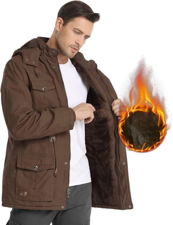 Men's Winter Jacket Military Jacket Fleece Lined Warm Cargo Jackets Removable Hood Cotton Work Coat - Image 3