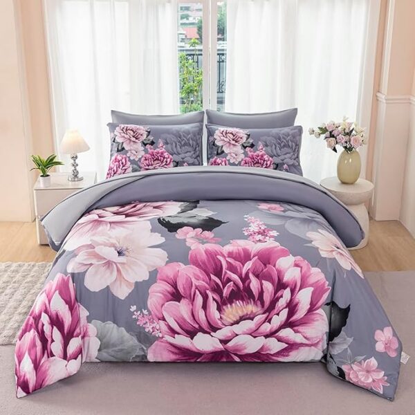Queen Size Peony Bed in A Bag 7-Piece Gray Floral Comforter Sets Soft Lightweght Botanical Pattern Bedding Set for All SeasonQueen Size Peony Bed in A Bag 7-Piece Gray Floral Comforter Sets Soft Lightweght Botanical Pattern Bedding Set for All Season