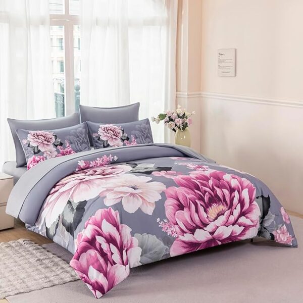 Queen Size Peony Bed in A Bag 7-Piece Gray Floral Comforter Sets Soft Lightweght Botanical Pattern Bedding Set for All SeasonQueen Size Peony Bed in A Bag 7-Piece Gray Floral Comforter Sets Soft Lightweght Botanical Pattern Bedding Set for All Season - Image 2