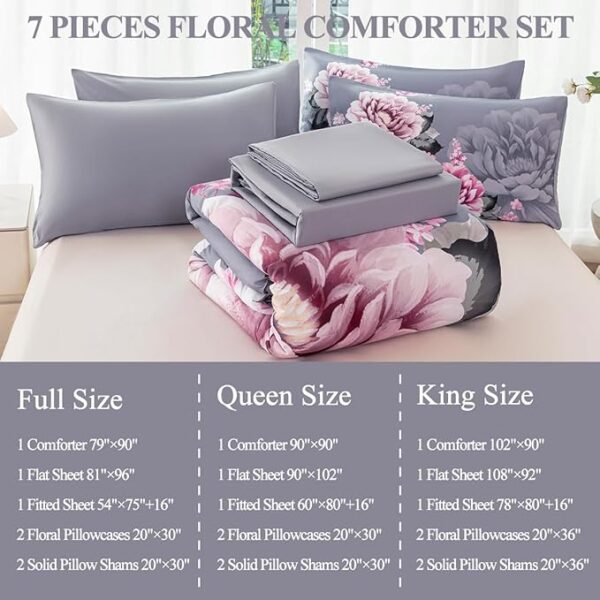 Queen Size Peony Bed in A Bag 7-Piece Gray Floral Comforter Sets Soft Lightweght Botanical Pattern Bedding Set for All SeasonQueen Size Peony Bed in A Bag 7-Piece Gray Floral Comforter Sets Soft Lightweght Botanical Pattern Bedding Set for All Season - Image 3
