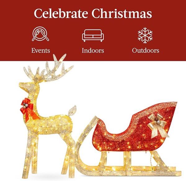 Best Choice Products Lighted Christmas 4ft Reindeer & Sleigh Outdoor Yard Decoration Set w/ 205 LED Lights, Stakes, Zip Ties - Gold - Image 3