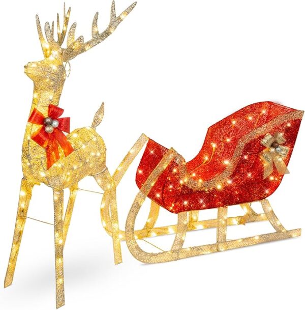 Best Choice Products Lighted Christmas 4ft Reindeer & Sleigh Outdoor Yard Decoration Set w/ 205 LED Lights, Stakes, Zip Ties - Gold