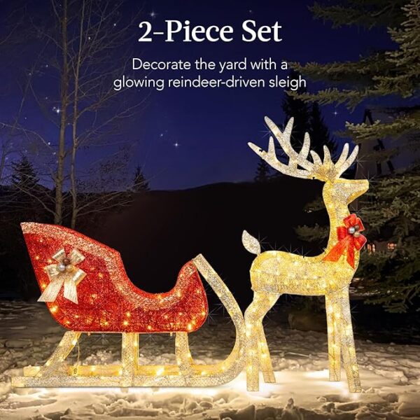 Best Choice Products Lighted Christmas 4ft Reindeer & Sleigh Outdoor Yard Decoration Set w/ 205 LED Lights, Stakes, Zip Ties - Gold - Image 2