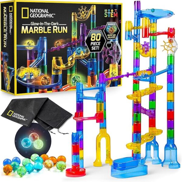 Construction Set with 15 Glow in The Dark Glass Marbles & Storage Bag